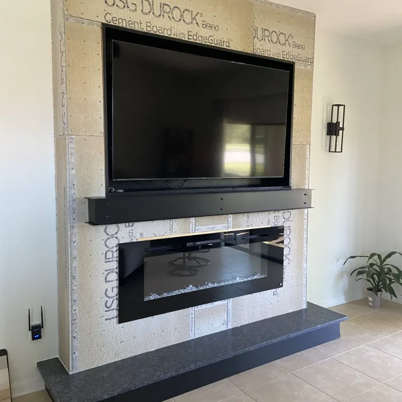 Fireplace feature wall with cement board ready for stone veneer