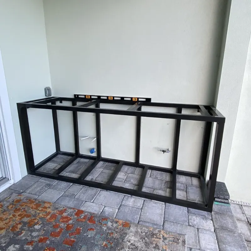 Custom outdoor kitchen steel frame during construction